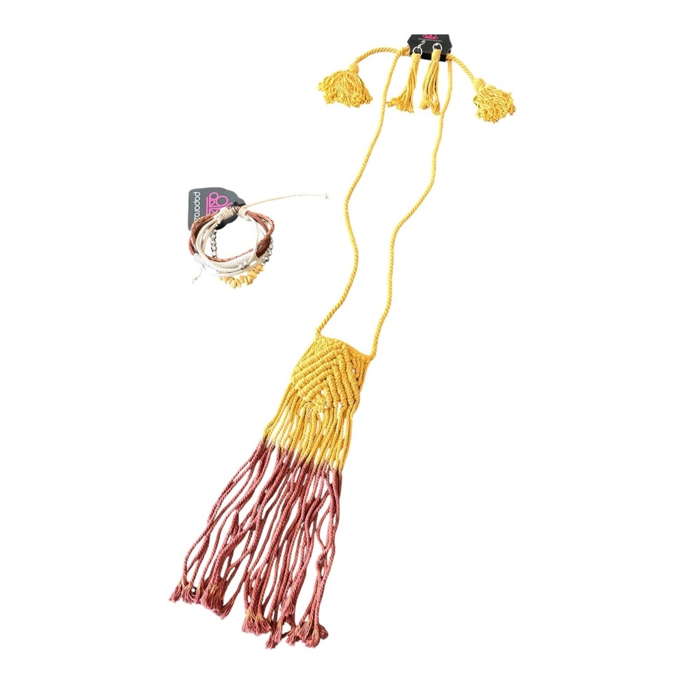 Paparazzi Macrame Fringe Necklace Earring Set & Multi Strand Wrap Bracelet Boho - Picture 2 of 2